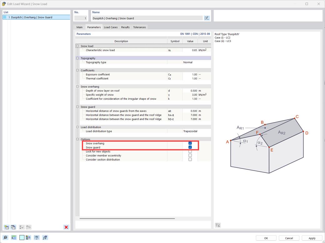 Generátor zatížením sněhem s možnostmi nastavení pro sněhové převisy a zachytávače sněhu podle Eurokódu.