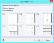 Zobrazení dialogového okna pro uspořádání oken v softwarovém prostředí. Zobrazuje různé možnosti a nastavení pro přizpůsobení zobrazení.