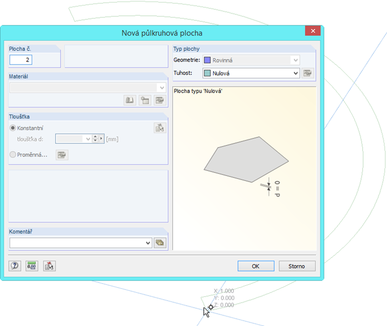 Dialogové okno pro grafické definování půlkruhového povrchu v softwarové aplikaci.