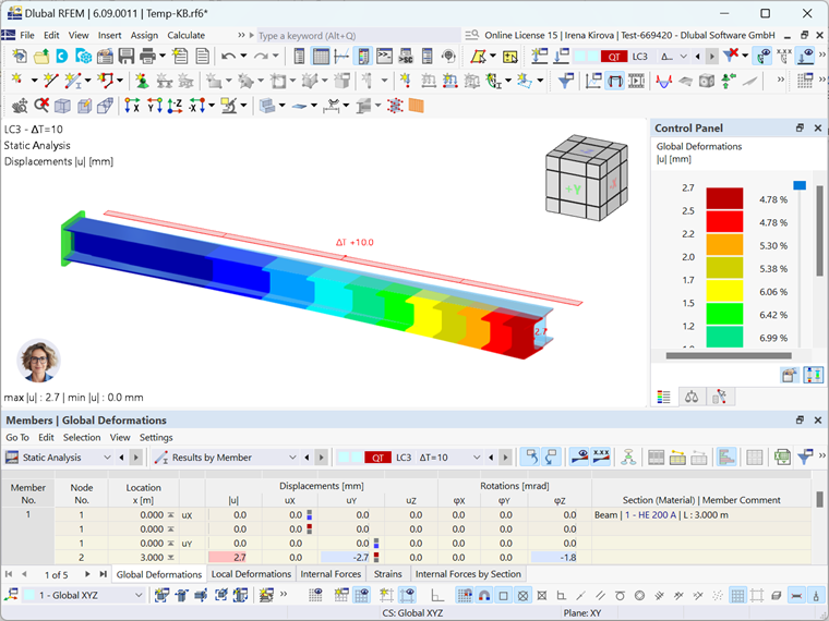 Deformace nosníku v důsledku teplotních rozdílů v simulaci RFEM.