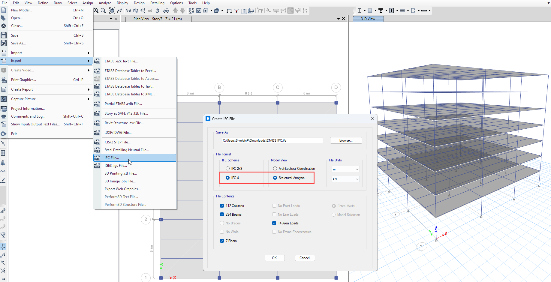 Vizualizace procesu přenosu modelu budovy z ETABS prostřednictvím exportu IFC do RFEM.