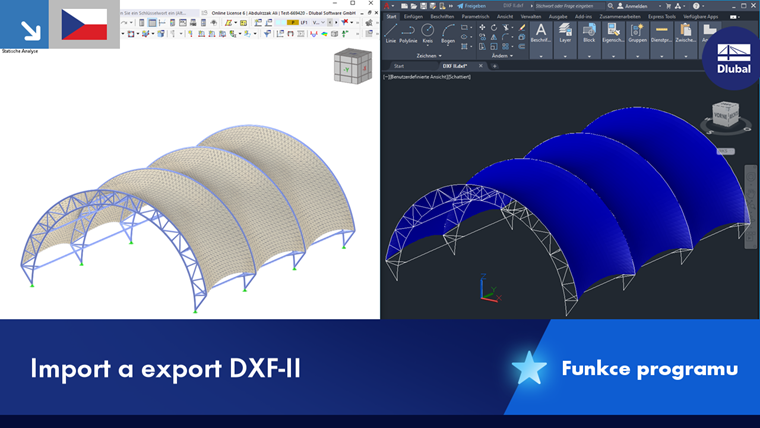 Vizualizace možností importu a exportu DXF v softwaru s příkladem modelu.