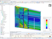 Detailní pohled na spoj ocelového nosníku s nosníkem mostu s vyznačením srovnávacích napětí na povrchu konstrukce.