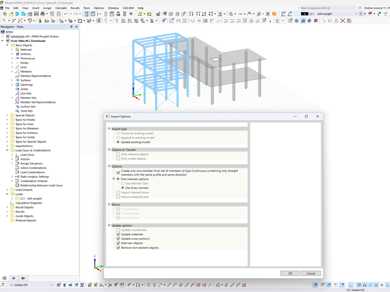 Zobrazení dialogu s možnostmi importu a zobrazení nastavení připojení mezi programem RFEM 6 a programem Tekla Structures se zobrazením různých konfigurací importu.