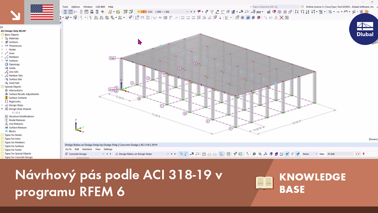 Návrhové pásy konfigurované podle normy ACI 318-19 s barevným přechodem znázorňujícím průběh napětí v programu RFEM 6.