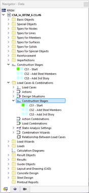 Oblast navigátoru s výběrem pro případy zatížení a kombinace. Přehledné zobrazení konstrukčních vstupních hodnot ve stavebnictví.