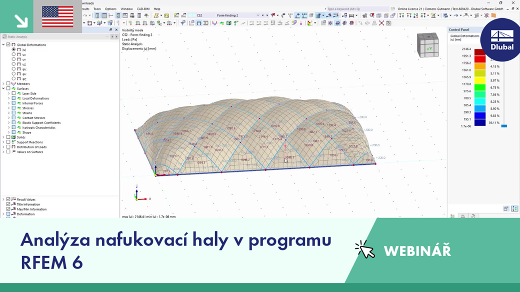 Webinář o statické analýze vzduchových polštářů haly využívající RFEM 6 pro modelování a posouzení zatížení.