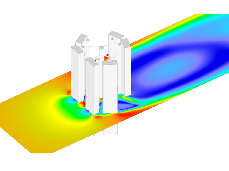 Model of an antenna subjected to aerodynamic pressure with color-coded load intensities.