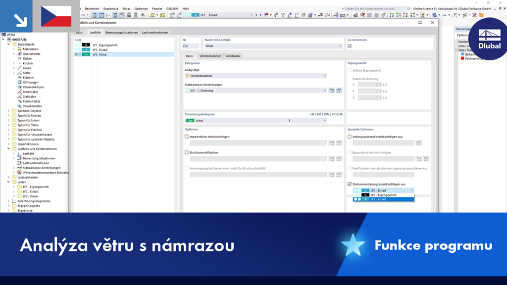 Vizualizace analýzy větru s vlaječkami ledu pro simulaci proudění v technickém modelu.