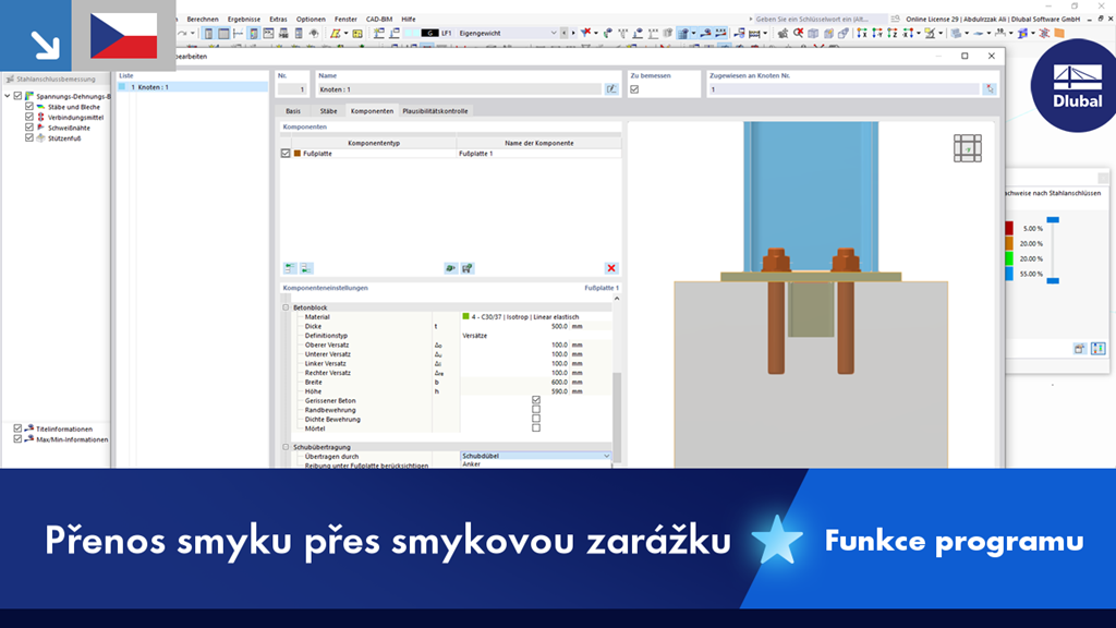 Vizualizace přenosu smyku pomocí smykových svorníků v nosné konstrukci