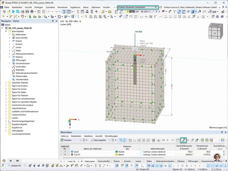 KB 001955 | Parametrické modelování pilot s empirickými únosnostmi pilířů podle Tschuchnigga | Pohled na model s vyznačením funkce "Upravit globální parametry"