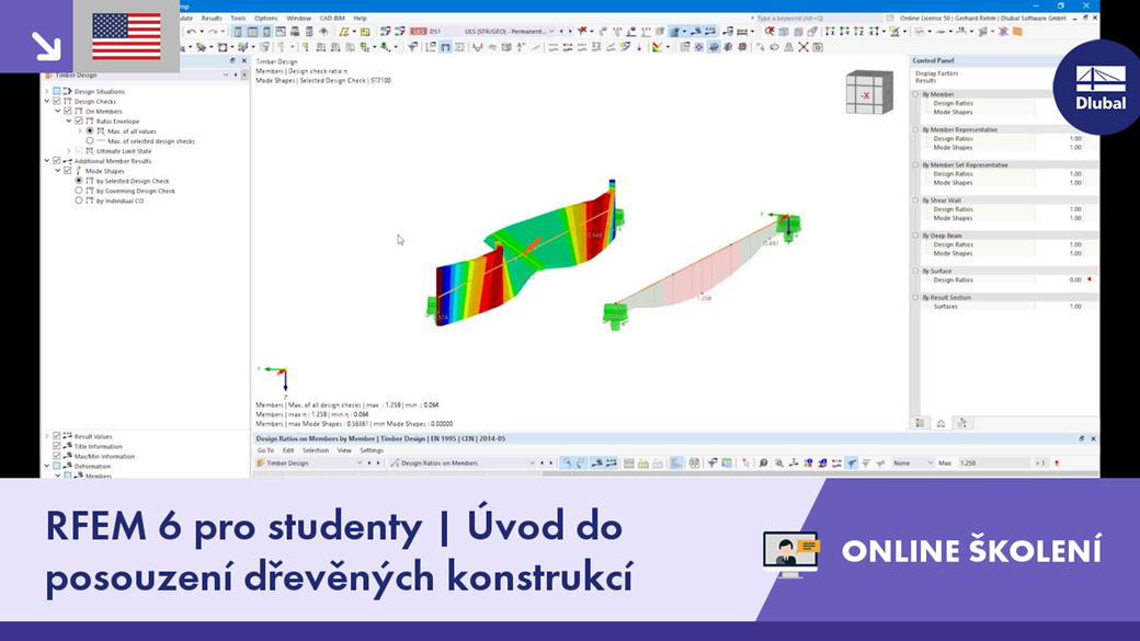 Přehled online školení pro posouzení dřevěných konstrukcí, se zaměřením na funkce RFEM 6 a použití pro studenty.