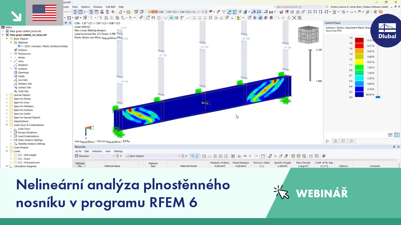 Snímek obrazovky z webináře o nelineární analýze deskových nosníků pomocí softwarových nástrojů RFEM 6.