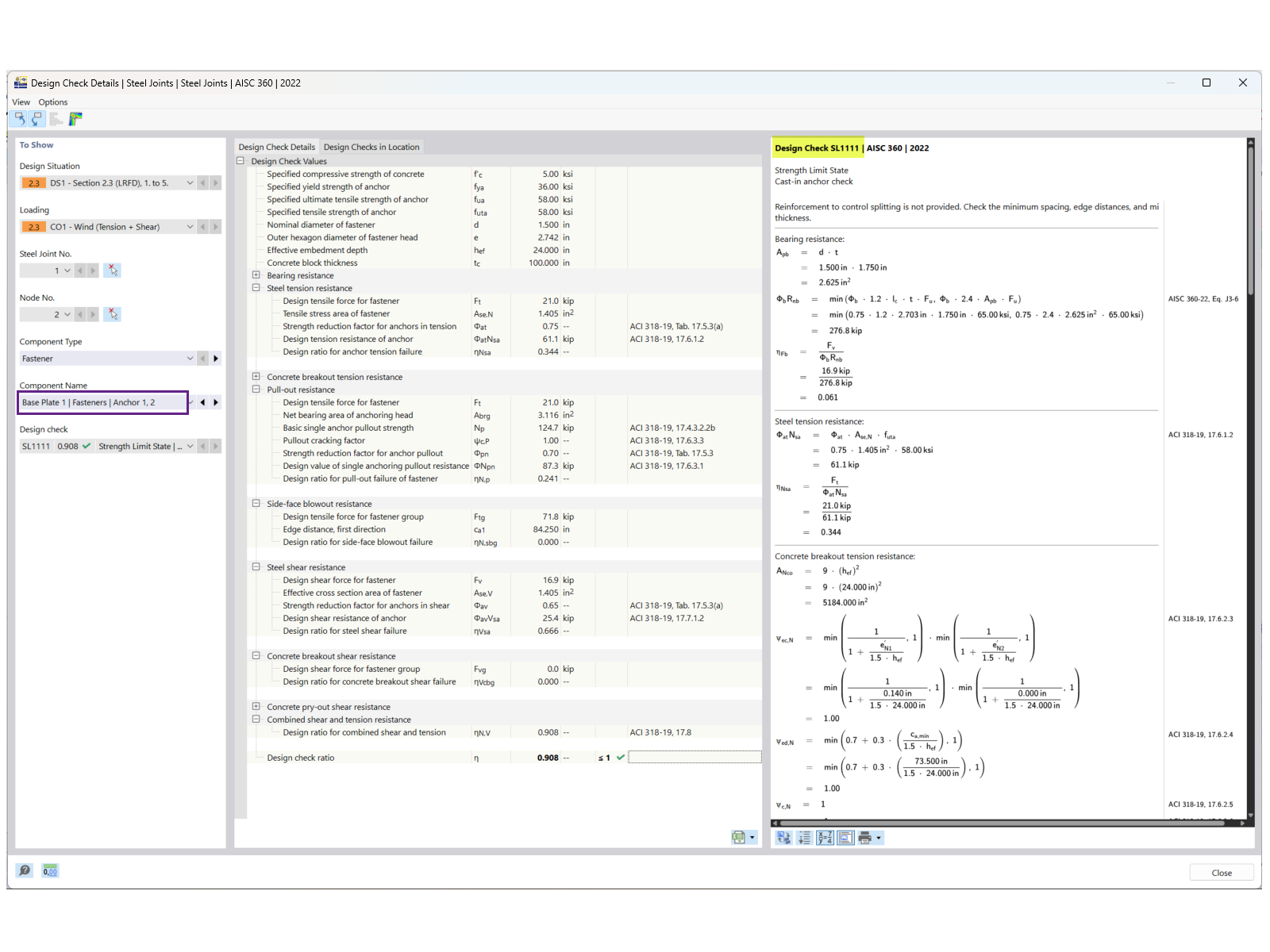 Podrobná analýza posudků kotev na tah a smyk v programu RFEM 6 podle základních norem pro spoje AISC.