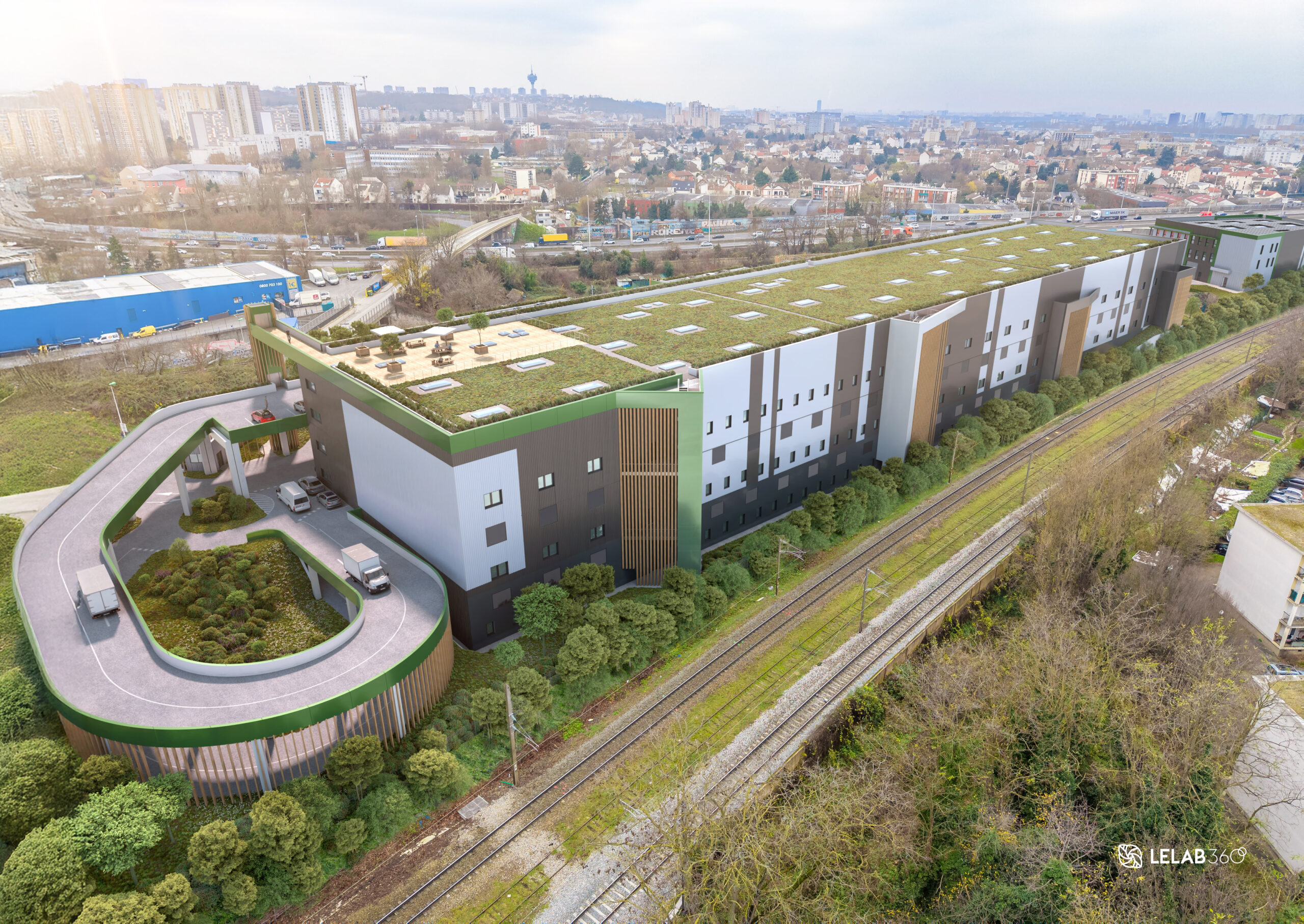 Pohled na zadní část plánovaného areálu La Factory s rampou a příjezdem pro vozidla | © AEW - STONEHEDGE