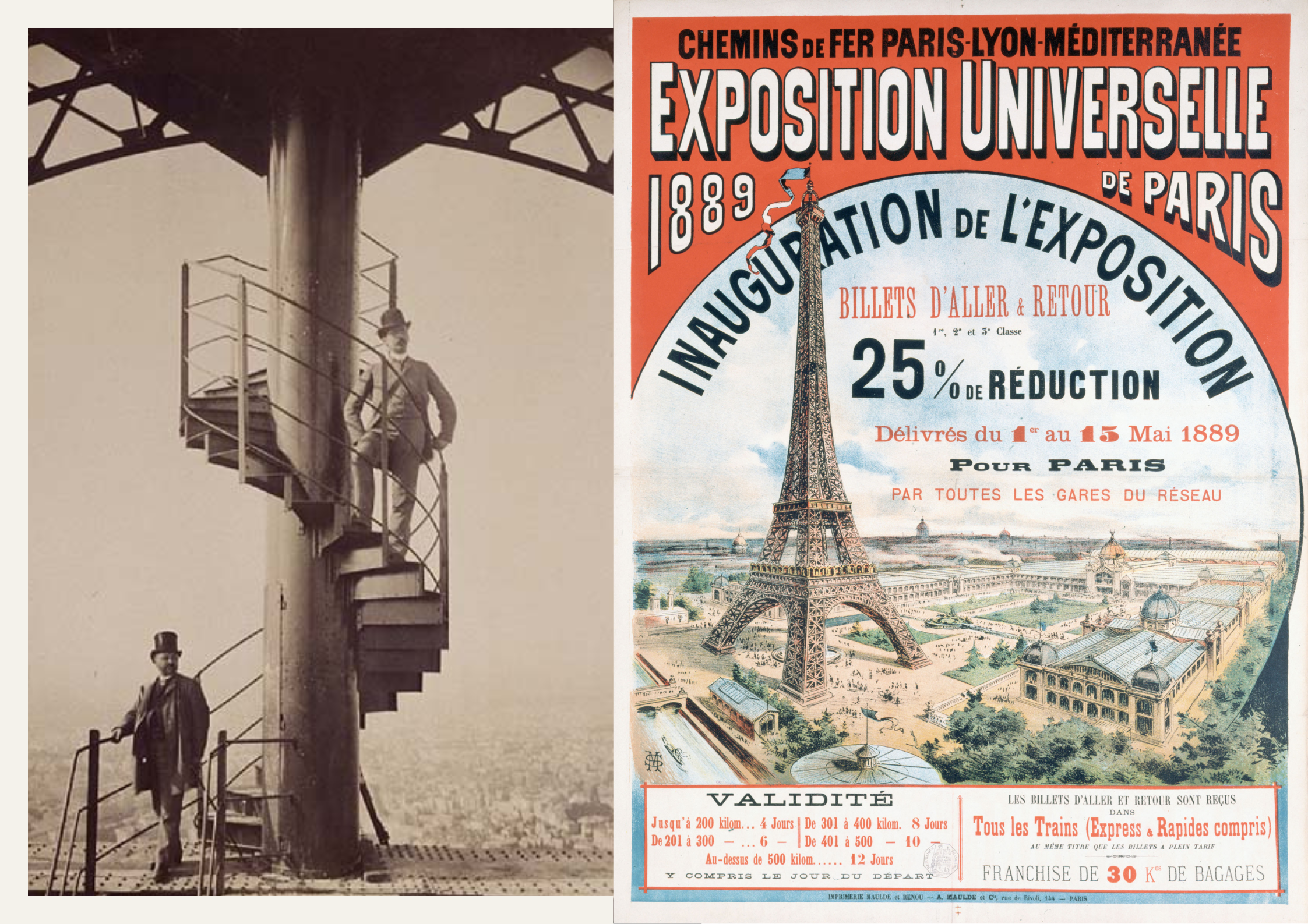 Vlevo: Gustave Eiffel na vrcholu Eiffelovy věže, vpravo: Inzerce Světové výstavy 1889 s Eiffelovou věží