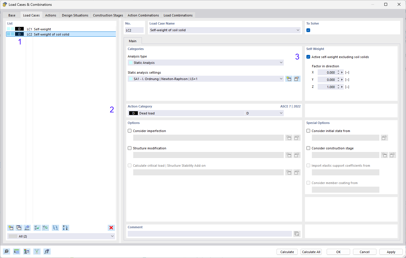 Vstupní dialog Zatěžovací stavy a kombinace - Zatěžovací stavy - Vlastní tíha půdního tělesa
