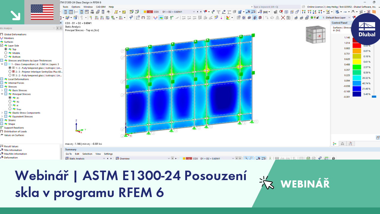 Přehled použití normy ASTM E1300-24 při navrhování skleněných konstrukcí v programu RFEM 6 v rámci webináře.