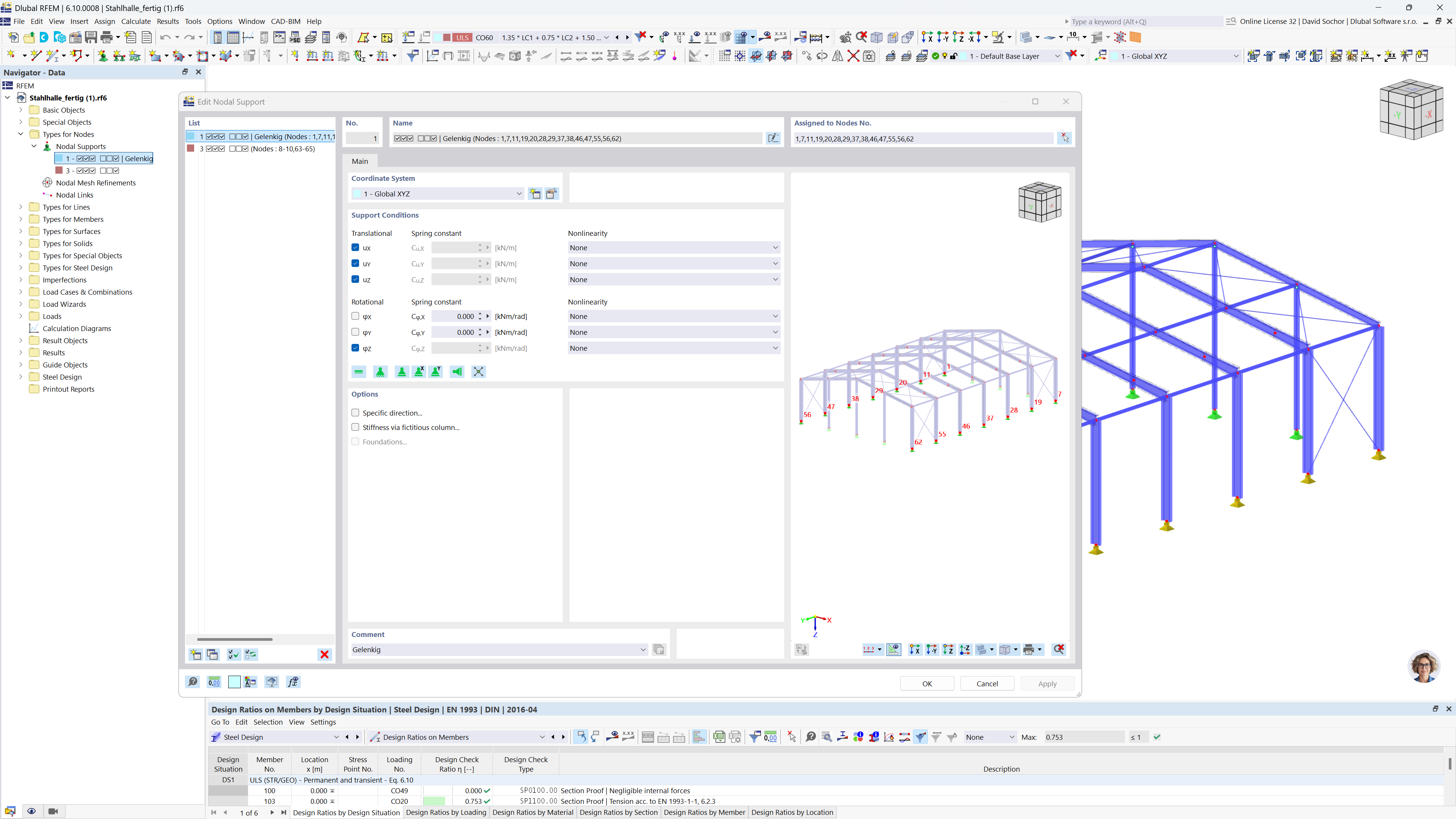 Definování podporových podmínek pro sadu prutů na základě normy EN 1993-1-1 s vizuálními pomůckami pro přesné úpravy.