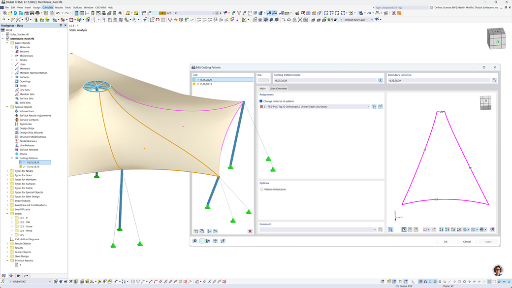 Uživatelské rozhraní programu RFEM 6 zobrazující detaily rastru pro řezání membránové konstrukce v dialogu.