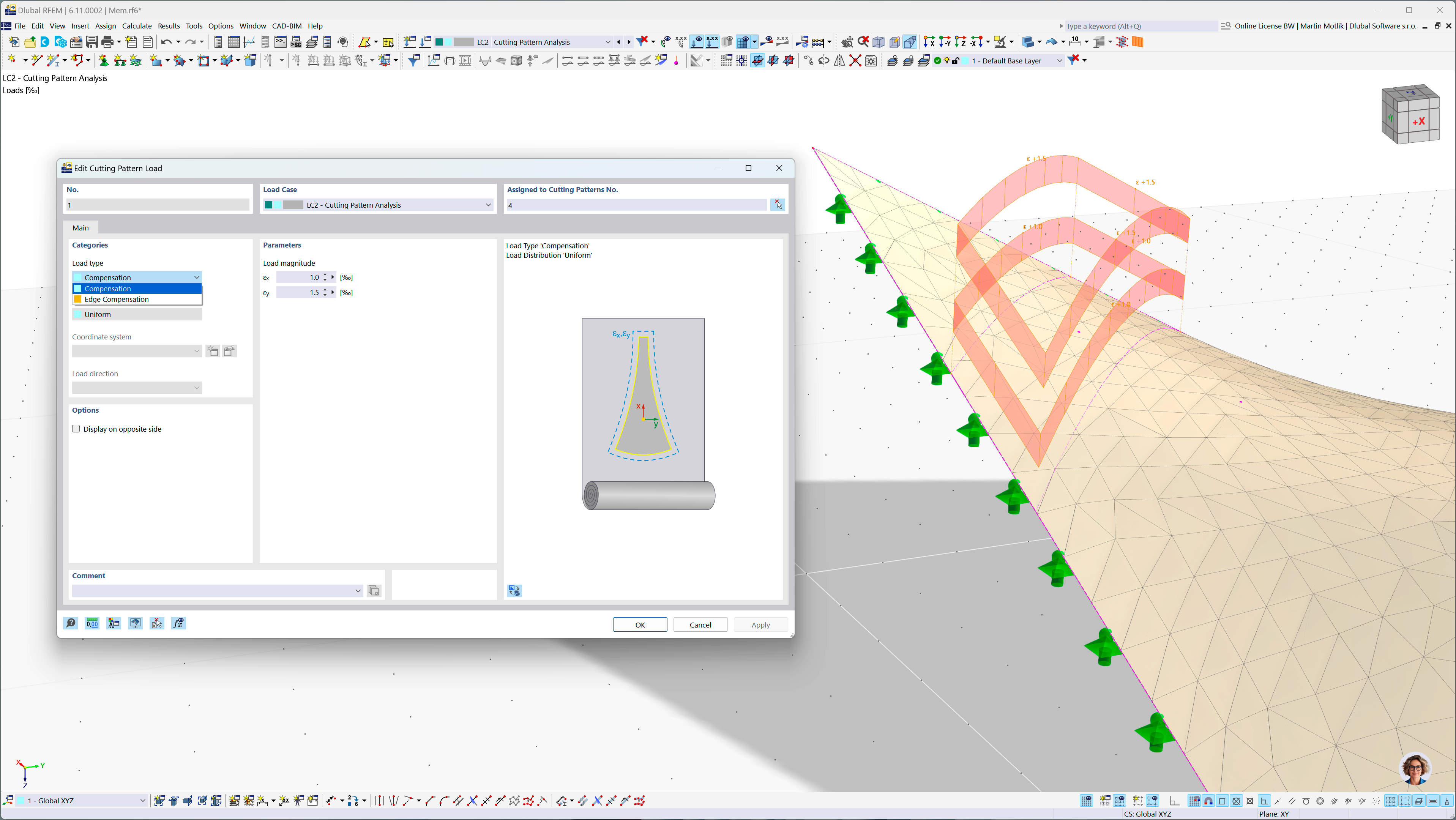 Add-on Řezné vzory programu RFEM 6 zobrazující nastavení kompenzačního zatížení v dialogovém okně.