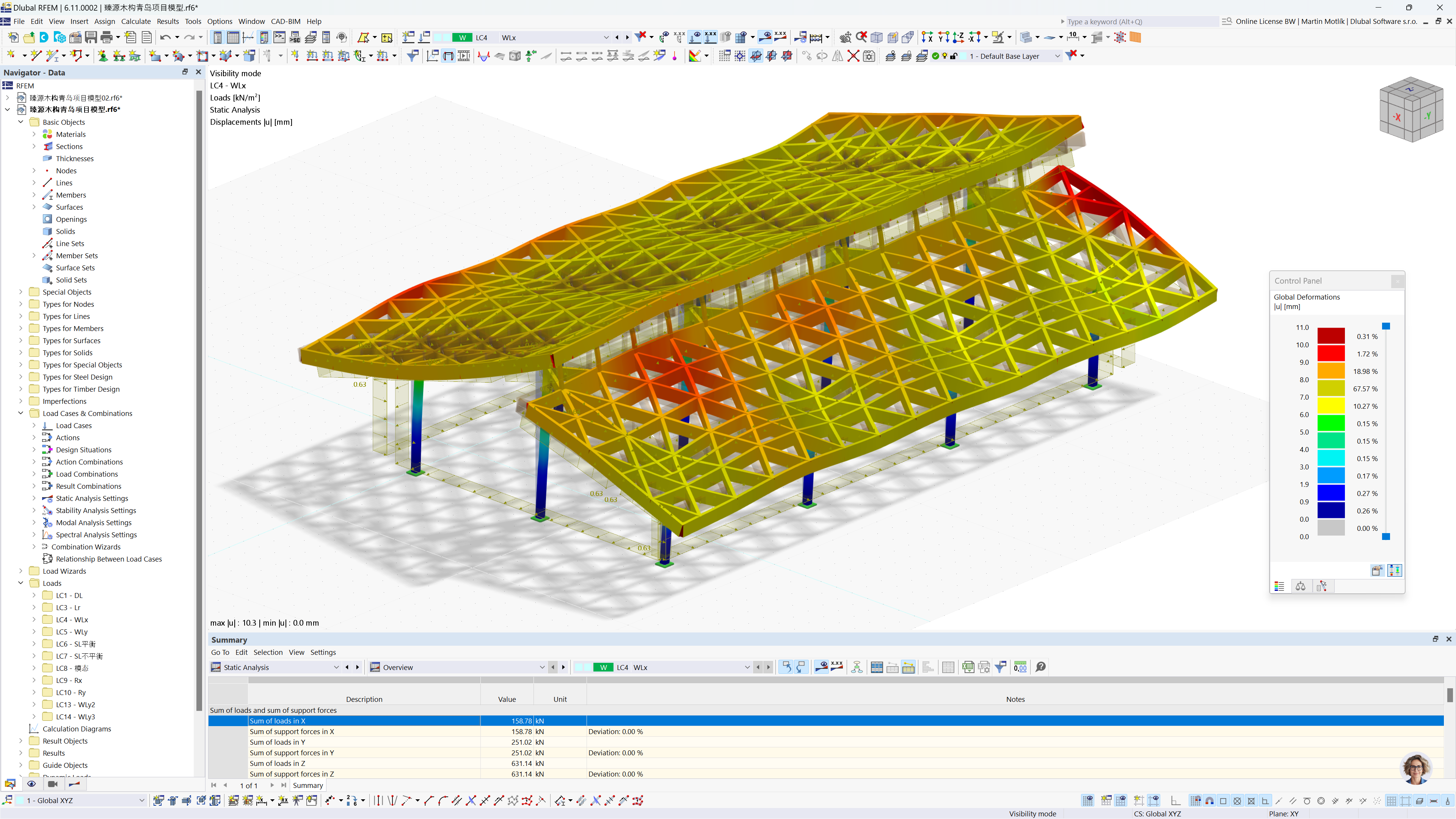 RFEM model zobrazující globální deformace Centra komunity Qingdao po zatížení větrem.