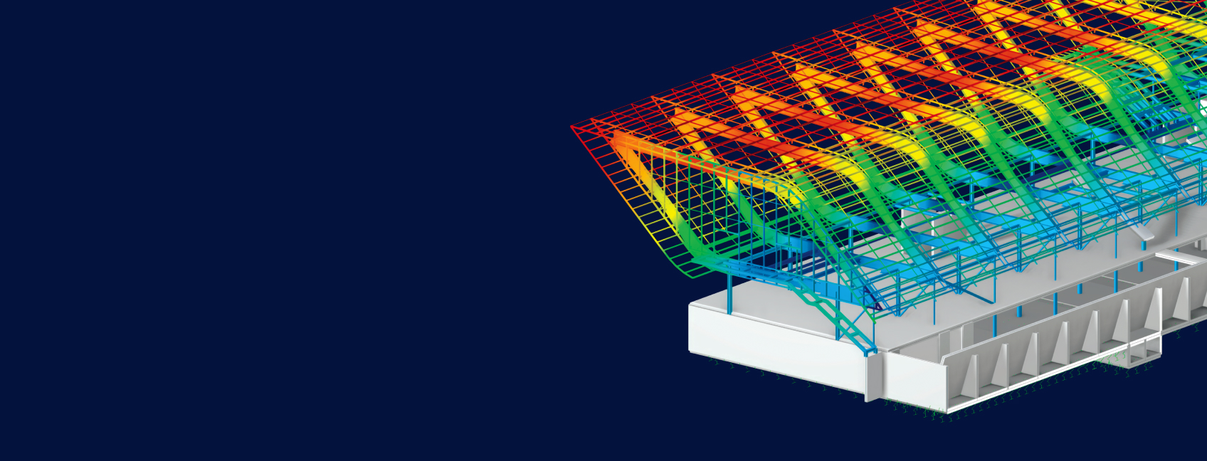 Detailní pohled na statický model vícepodlažní budovy s barevně odlišenými prvky označujícími rozložení zatížení a úrovně napětí v 3D prostředí.