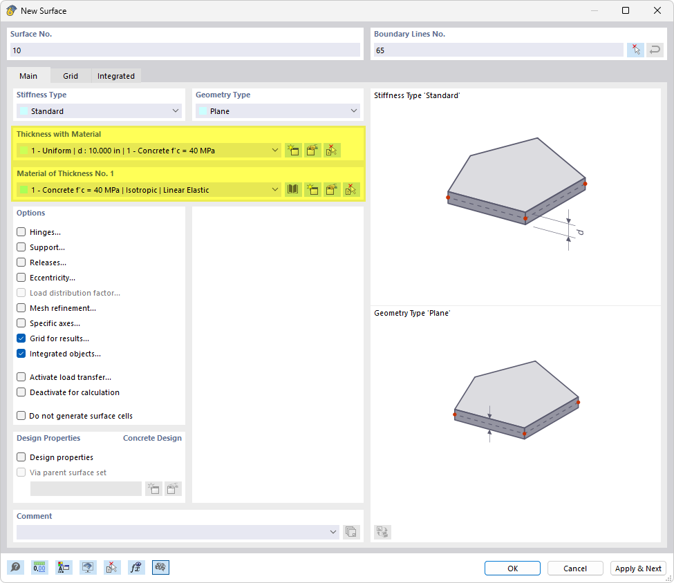 Definování tloušťky a materiálu