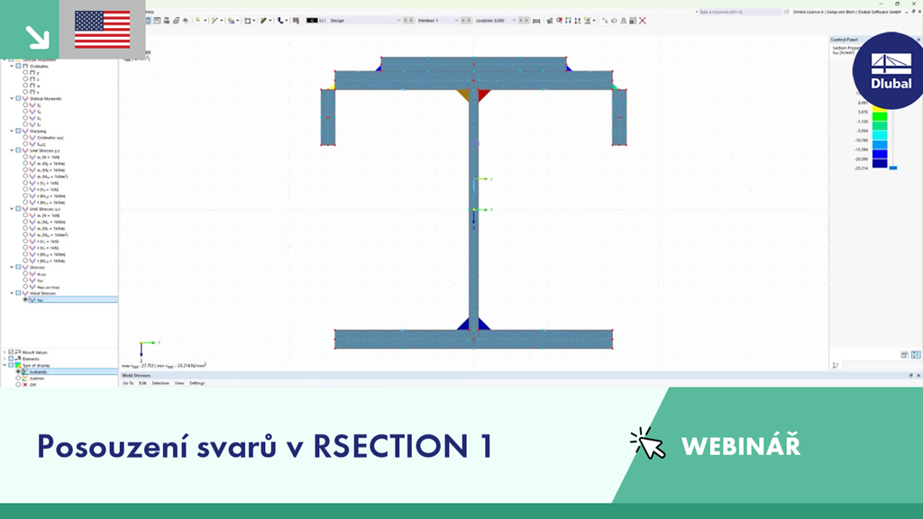 Snímek z webináře zobrazující ověřování svarů v programu RSECTION 1 se zaměřením na validaci a verifikaci svarů.