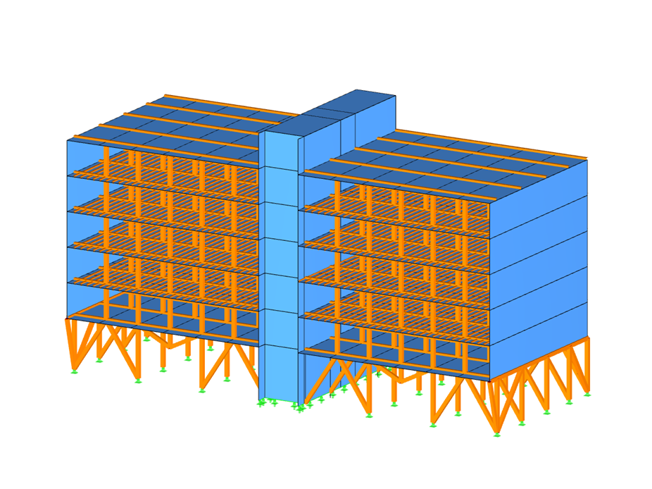 Statický model v programu RFEM budovy 6x6 bytových domů v Gironě, Španělsko