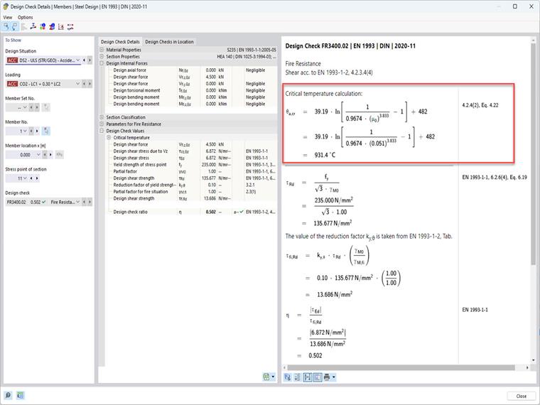 Obrázek ukazuje výsledky v programu RFEM 6 - addon Posouzení ocelových konstrukcí, Podrobnosti posouzení pro kritickou teplotu konstrukčního prvku.