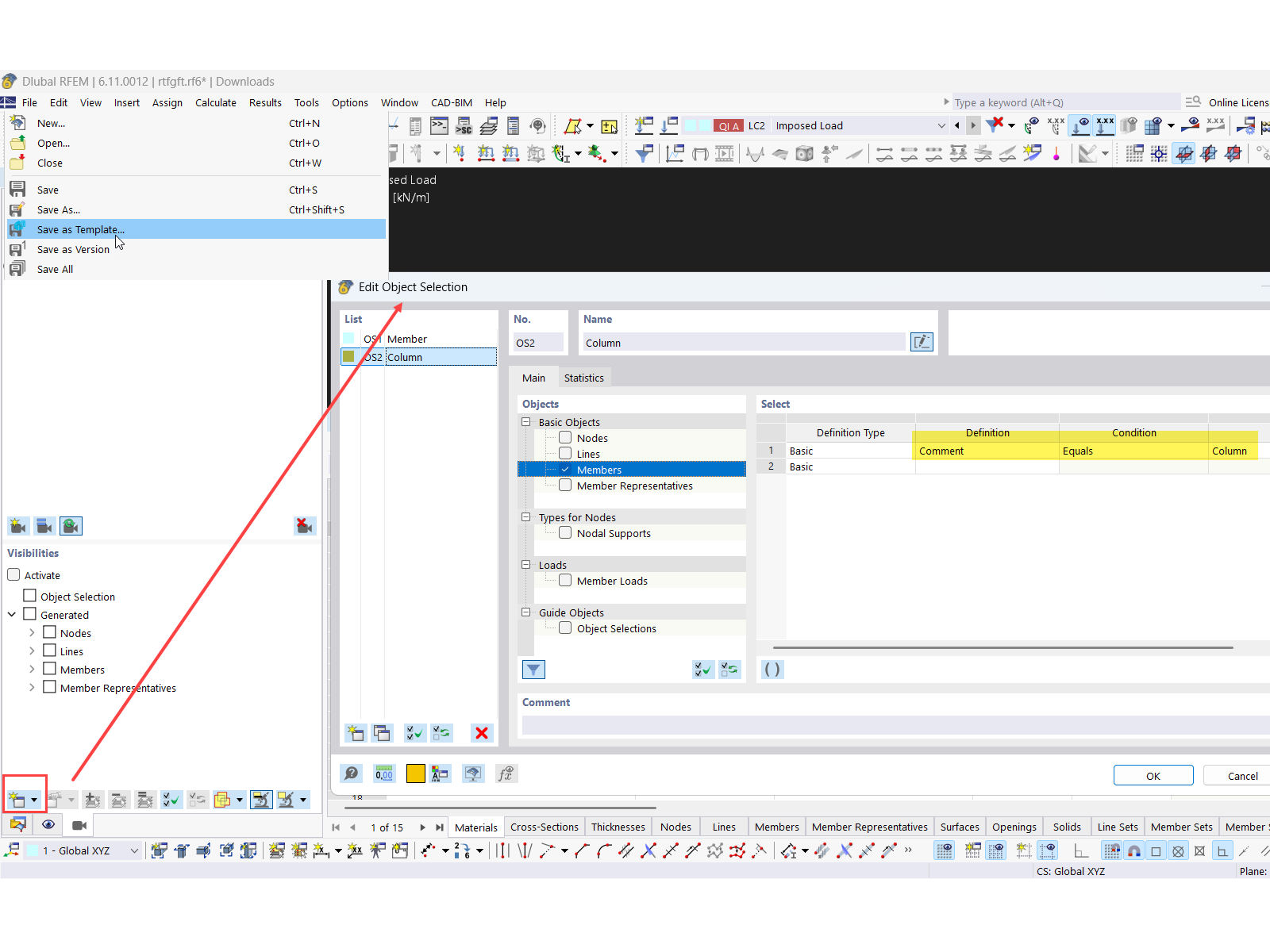 Definice výběrů objektů v šabloně programu RFEM