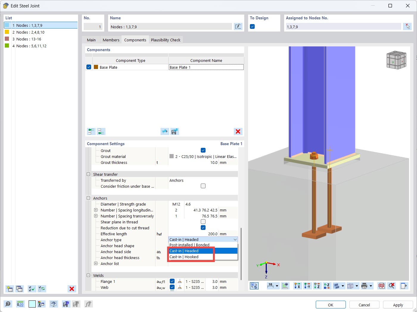 Detailní pohled na zabetonovanou kotvu s hákem a kotvu s hlavou pro ocelové spoje