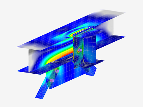 Model 005791 | RFEM model se znázorněním ocelového šroubového spoje s výztuhami a I-nosníkem, včetně exportovaných vnitřních sil ze střešní konstrukce.