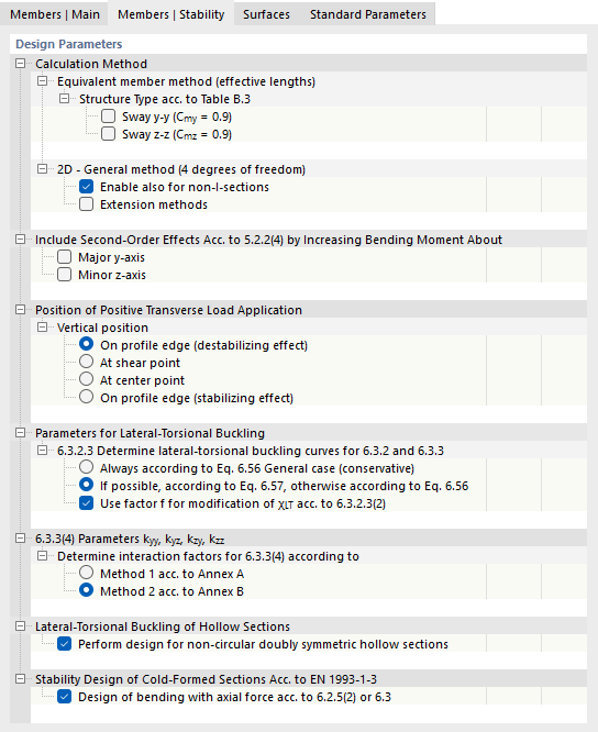 Záložka "Pruty | Stabilita" pro posouzení ocelových konstrukcí podle EN 1993