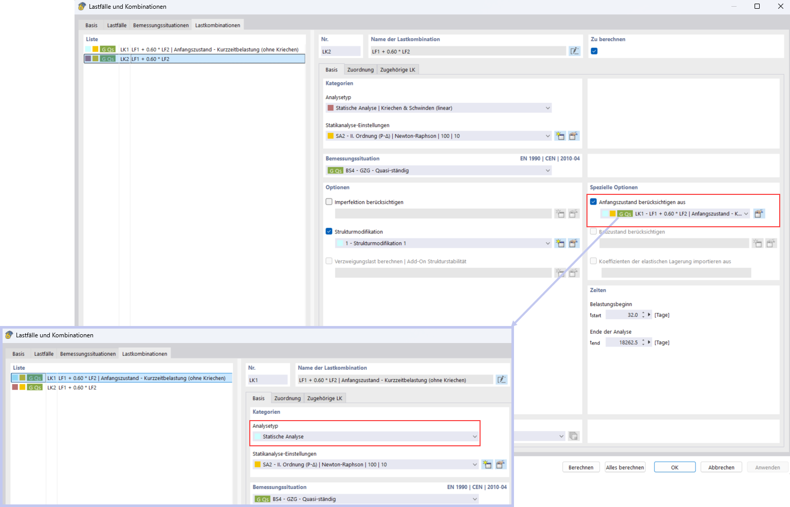 Zohlednění krátkodobého zatížení pomocí funkce Počáteční stav