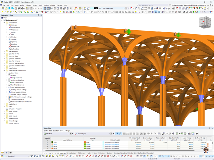 Model RFEM, který představuje podpory sloupů dřevěné střešní konstrukce pro Sprint Canopy v Singapuru. Konstrukci navrhla společnost Ergodomus.