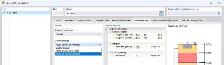 Dialog programu RFEM 6 pro zadání podmínek založení s vícevrstvým modelem půdy a výsledným půdním profilem pro návrh základů