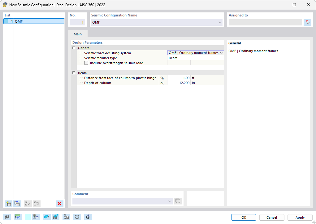 Dialog pro konfiguraci zemětřesení v posouzení ocelových konstrukcí podle AISC 360