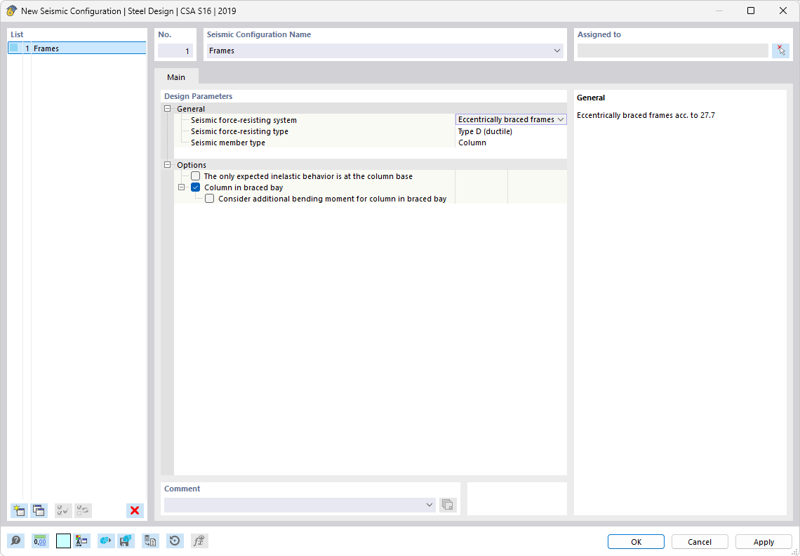 Dialog pro konfiguraci zemětřesení v posouzení ocelový konstrukcí dle CSA S16