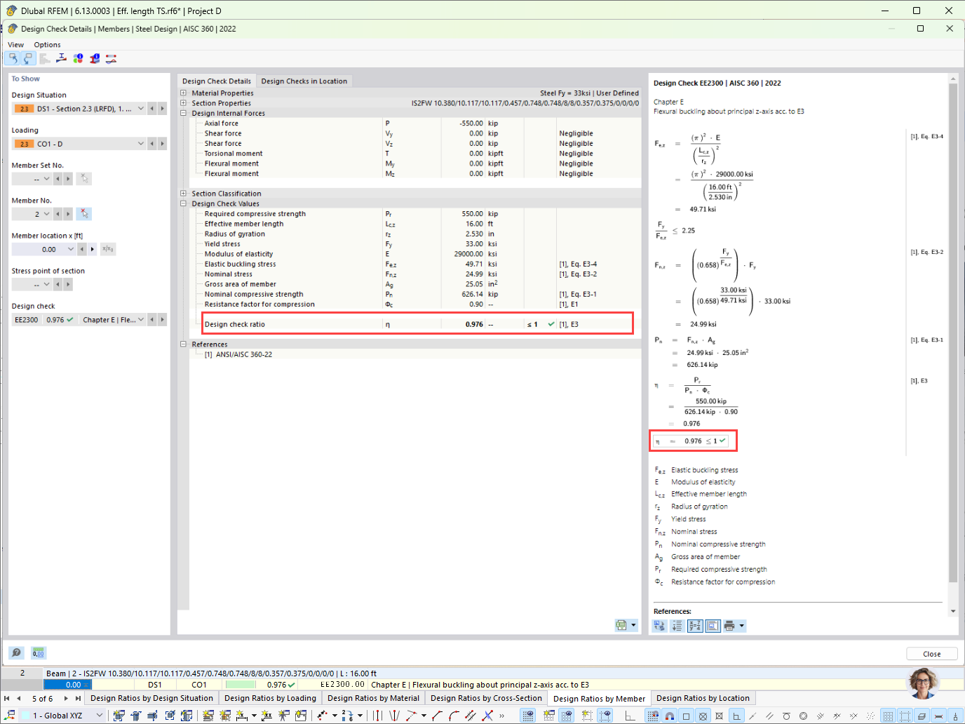 Konečný výsledek v addonu Posouzení ocelových konstrukcí