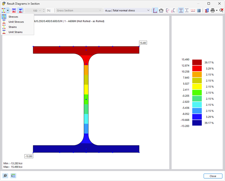 Zobrazení napětí v průřezu