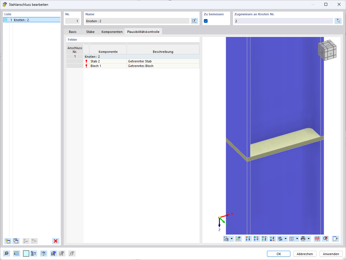 Plausibility Check of Steel Joint in RFEM 6 Displays Detached Member and Plate