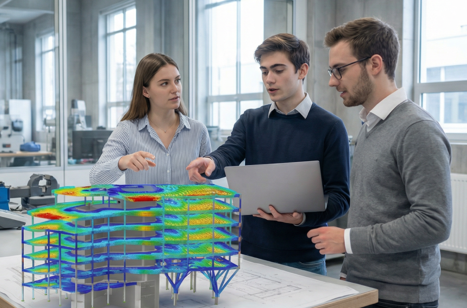 Nadšení studenti se účastní soutěže technických talentů, kde předvádějí své dovednosti a projekty v prostředí založeném na spolupráci.