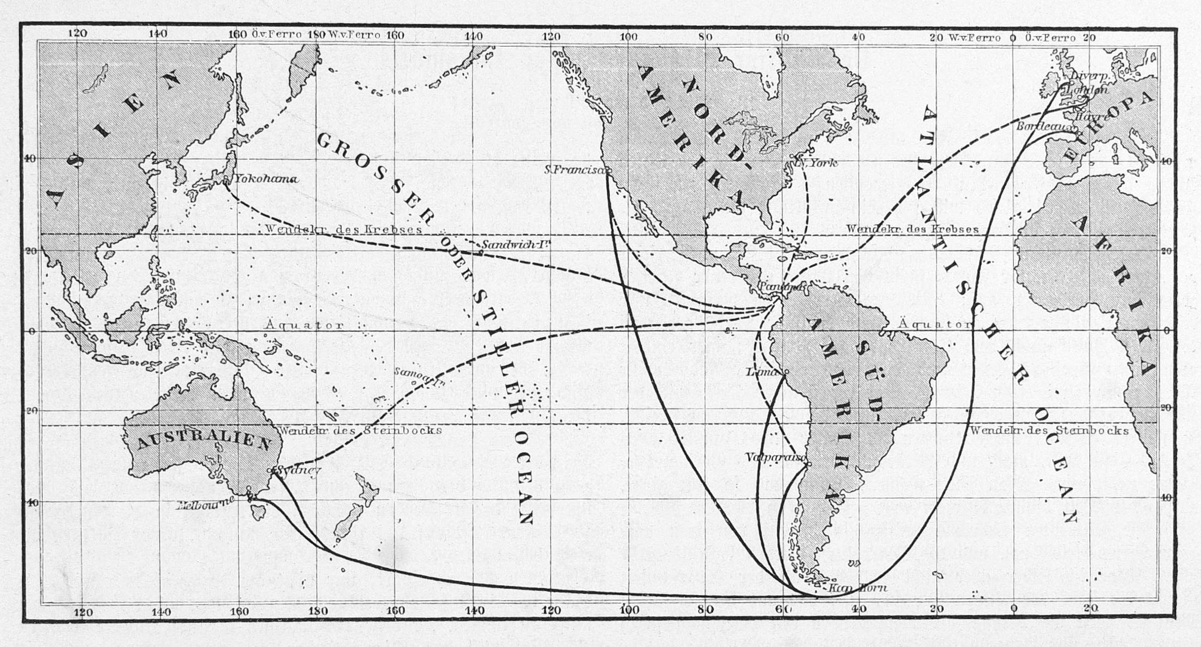 Historická mapa z roku 1881 ukazuje předpokládané a stávající obchodní cesty Panamským průplavem
