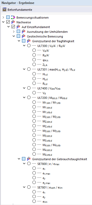 Geotechnické posouzení v navigátoru s výběrem posouzení na únosnost a použitelnost pro betonové základy