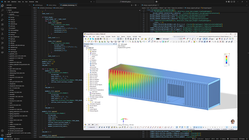 Ocelová kontejnerová konstrukce modelovaná v RFEM 6 pomocí rozhraní Python skriptu, demonstrující integraci funkcí API s možnostmi inženýrského softwaru.