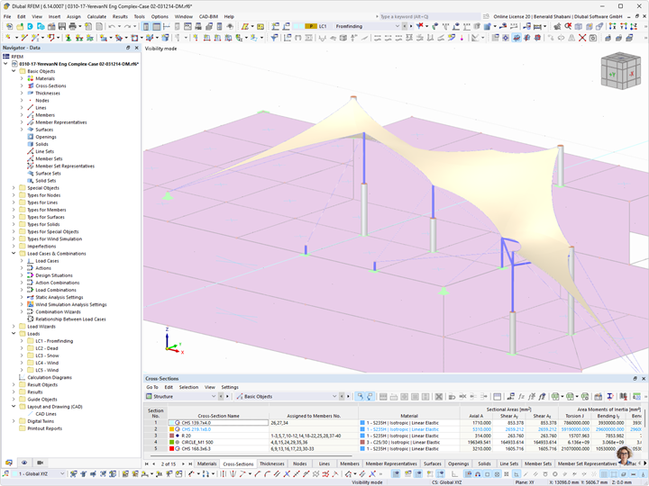 3D model působícího zatížení znázorňuje membránovou střechu ve statické analýze.