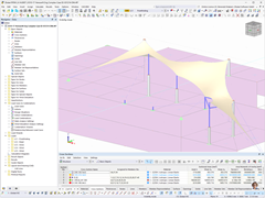 3D model působícího zatížení znázorňuje membránovou střechu ve statické analýze.