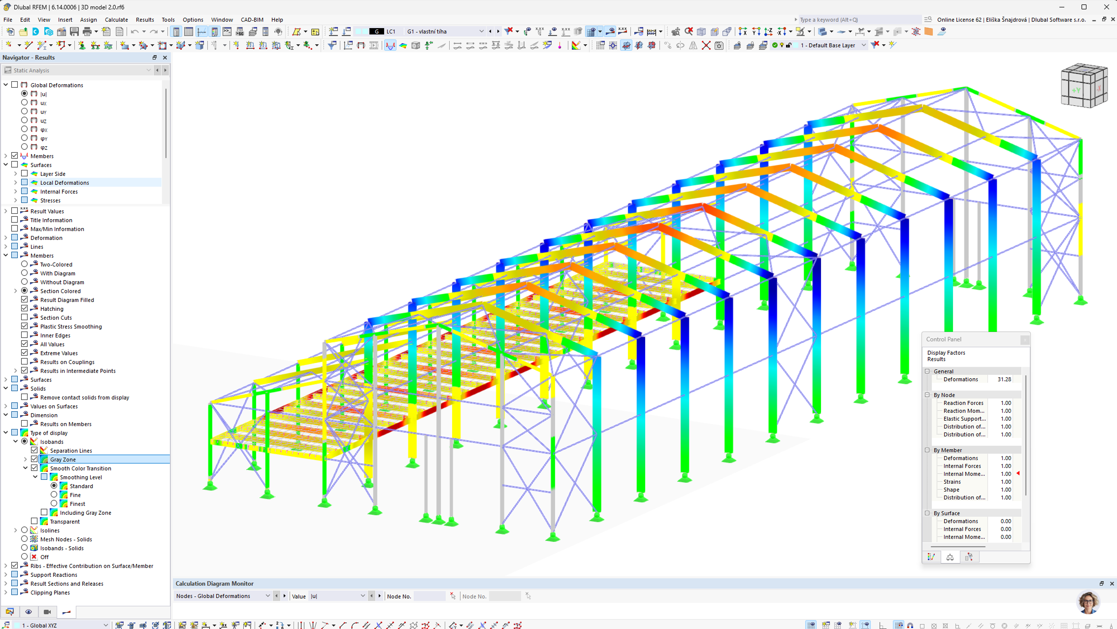 Ocelová dvoulodní hala navržená pro servis tramvají, modelovaná v RFEM 5.